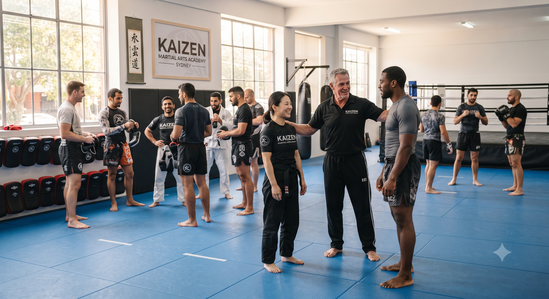 Martial arts class practicing drills on blue mats in a bright gym with a KAIZEN wall sign