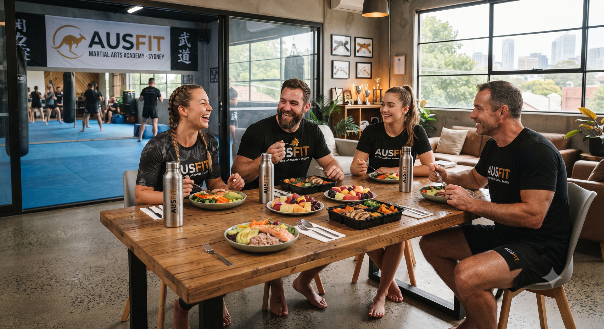 Four people chatting and eating at a rustic table in a bright gym café with an AUSFIT sign in the background