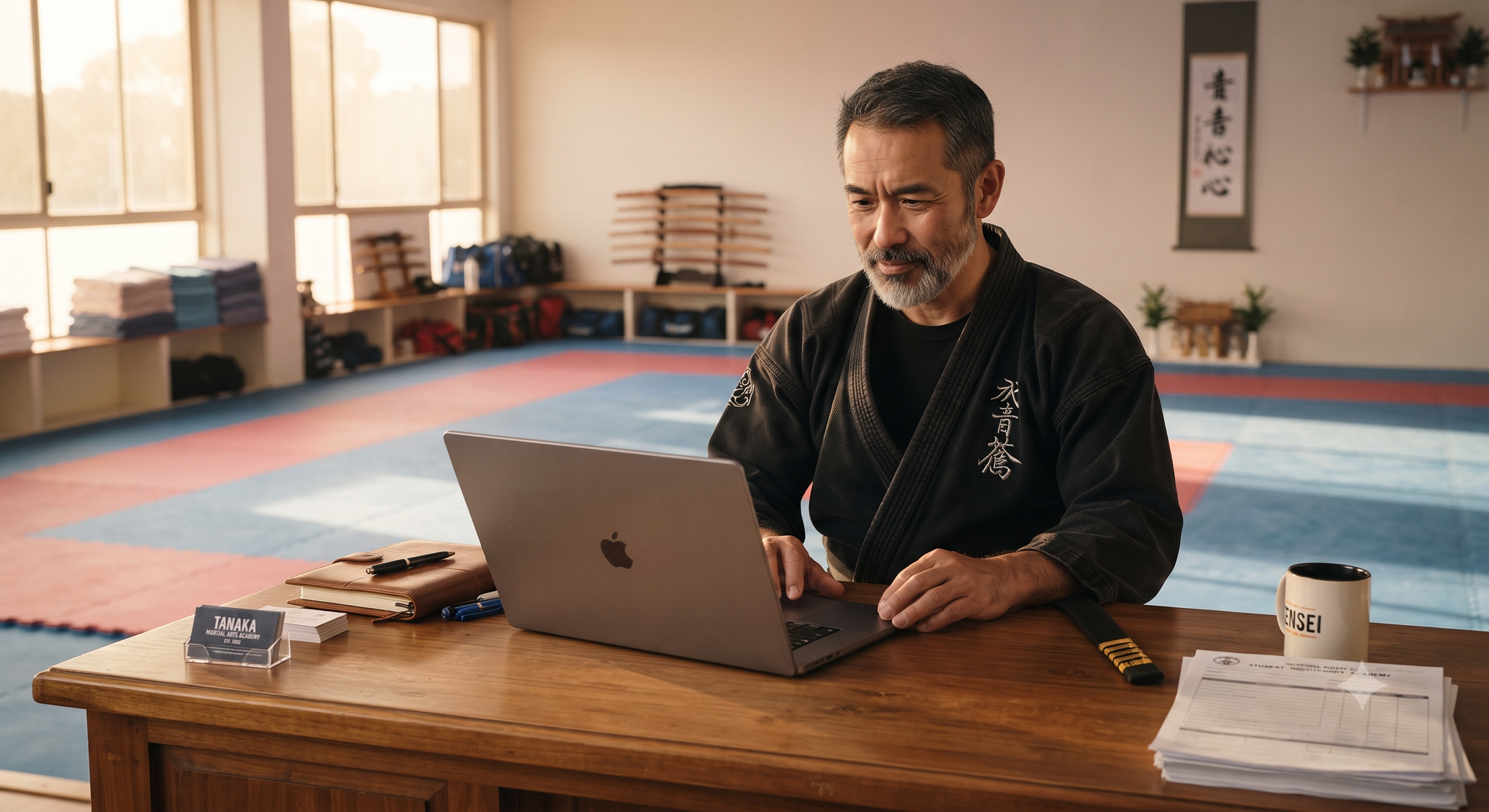 Man in a martial arts studio typing on a laptop at a wooden table, with mats and training gear in the background