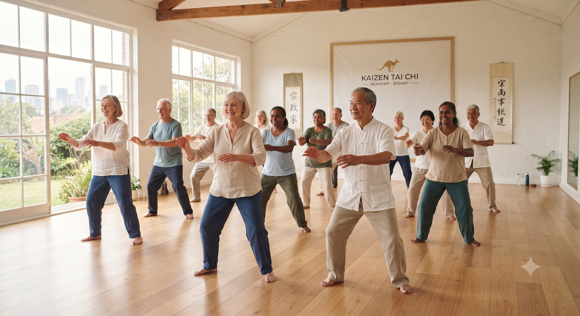 Group doing a tai chi-style exercise in a bright studio with wooden floors and large windows