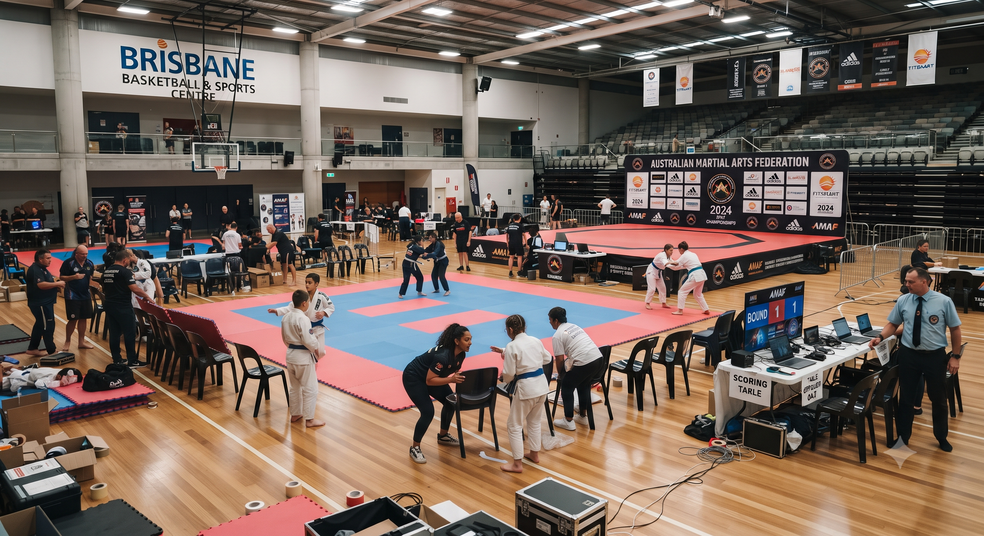 Indoor sports event on a basketball court with mats, judges, and spectators in a Brisbane arena