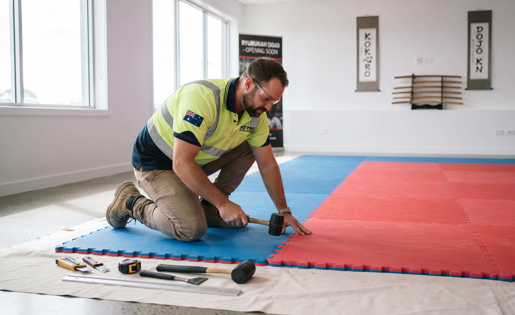 Worker kneeling on blue mat, installing red flooring in a bright room with tools nearby.