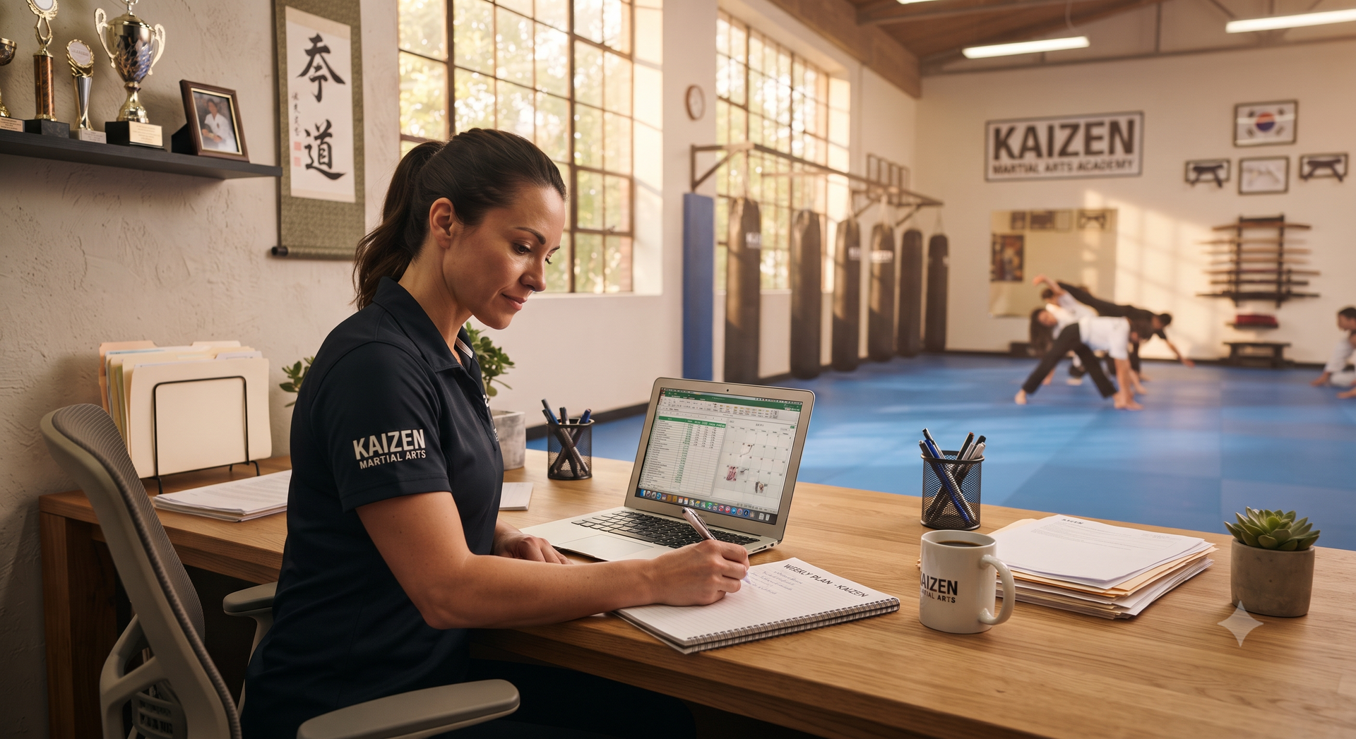Instructor working on laptop in a bright martial arts studio while students practice in the background