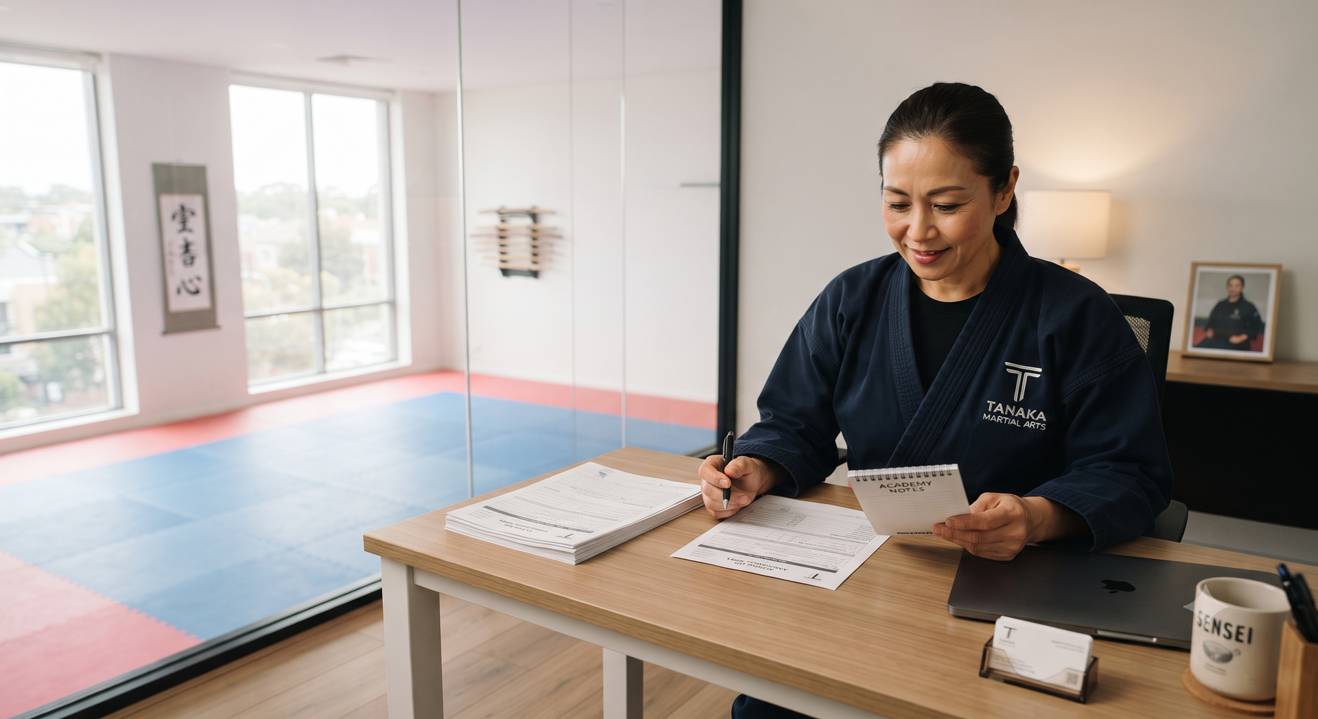 Woman reviewing papers at a desk in a bright martial arts studio with blue mats and large windows