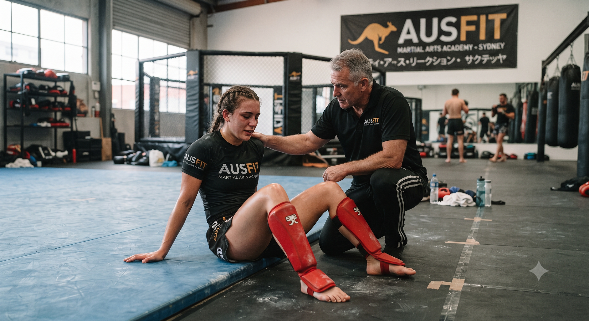 Trainer helping a seated athlete stretch in an AUSFIT gym, with red shin guards and blue mats.