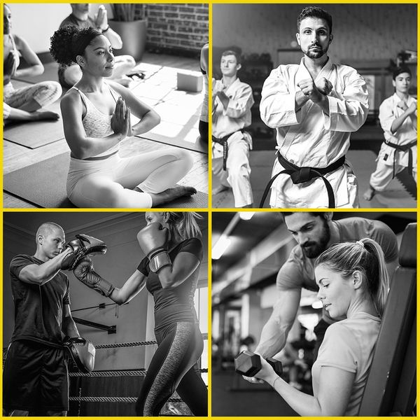Yoga, karate, boxing, and weightlifting activities. People in various workout settings.