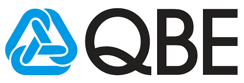 QBE logo: Blue intertwined triangles, followed by black