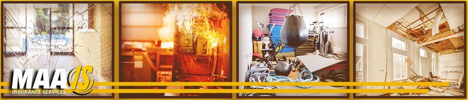 Four framed pictures: room with window, burning room, cluttered room, and damaged ceiling.