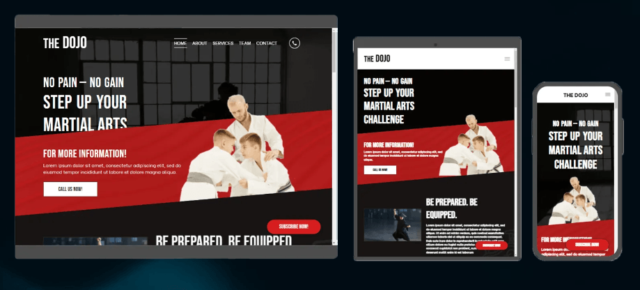 Website mockups for martial arts school across multiple devices.