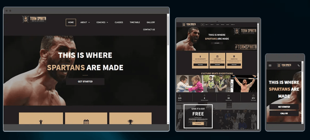 Website design displayed on a laptop, tablet, and smartphone. The website has a dark background with a muscular man.