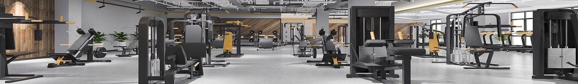 Gym interior with weight machines and workout equipment.