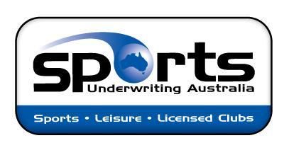 Logo for Sports Underwriting Australia, blue and white with globe, and