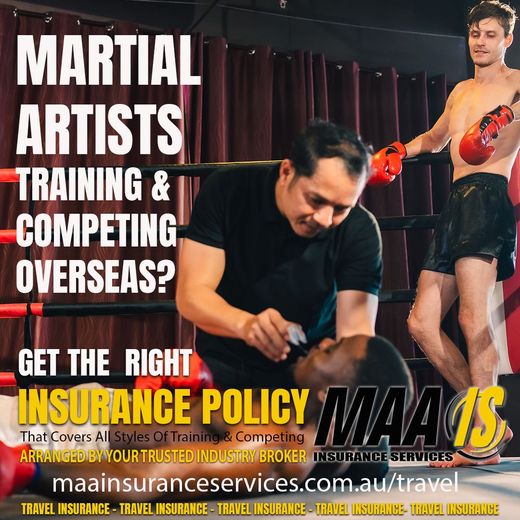 Advertisement for martial arts insurance. Boxer in ring is bleeding while trainer assesses him.