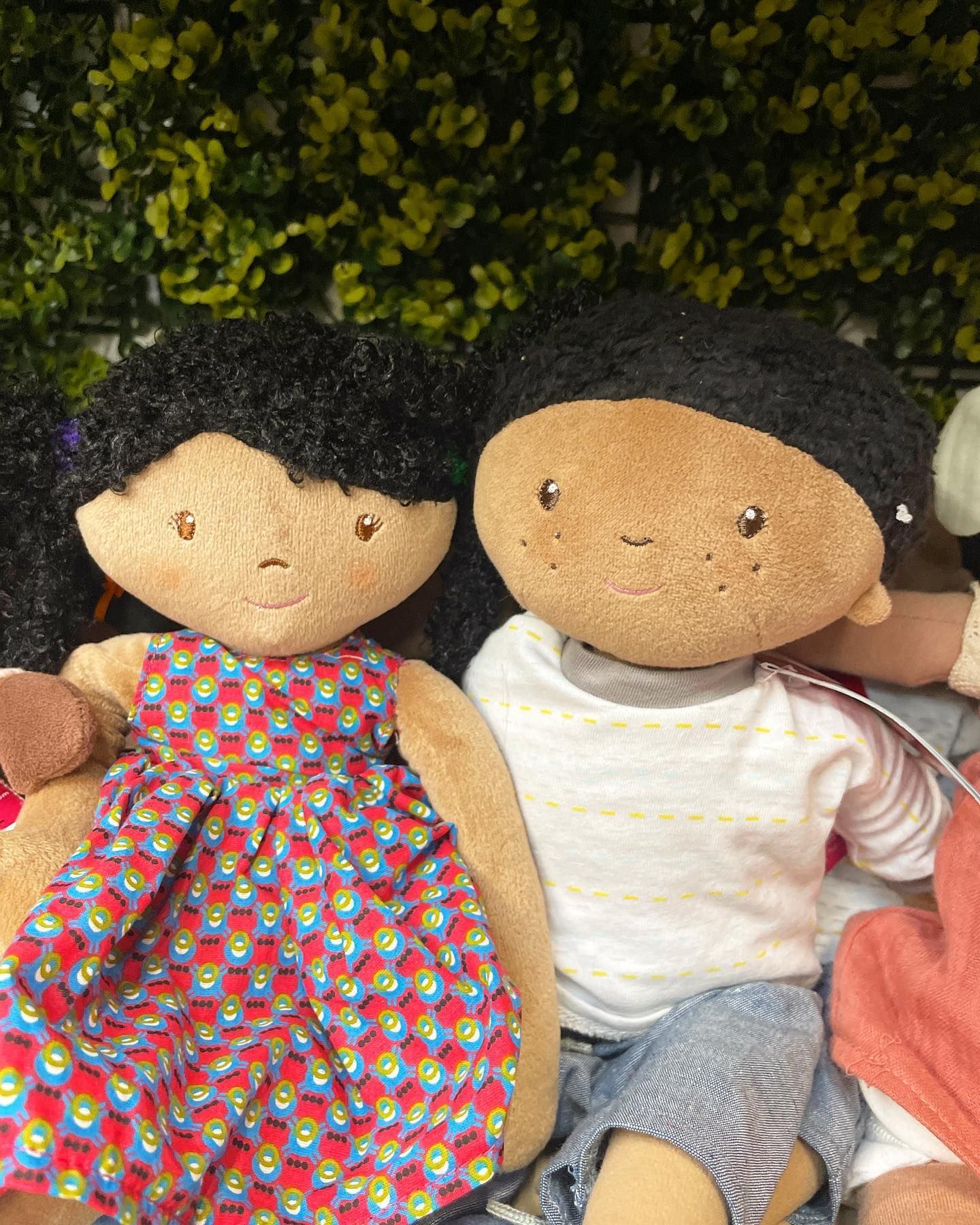 Two plush dolls; one wearing a patterned dress, the other in a striped shirt and jeans, set against a green wall.