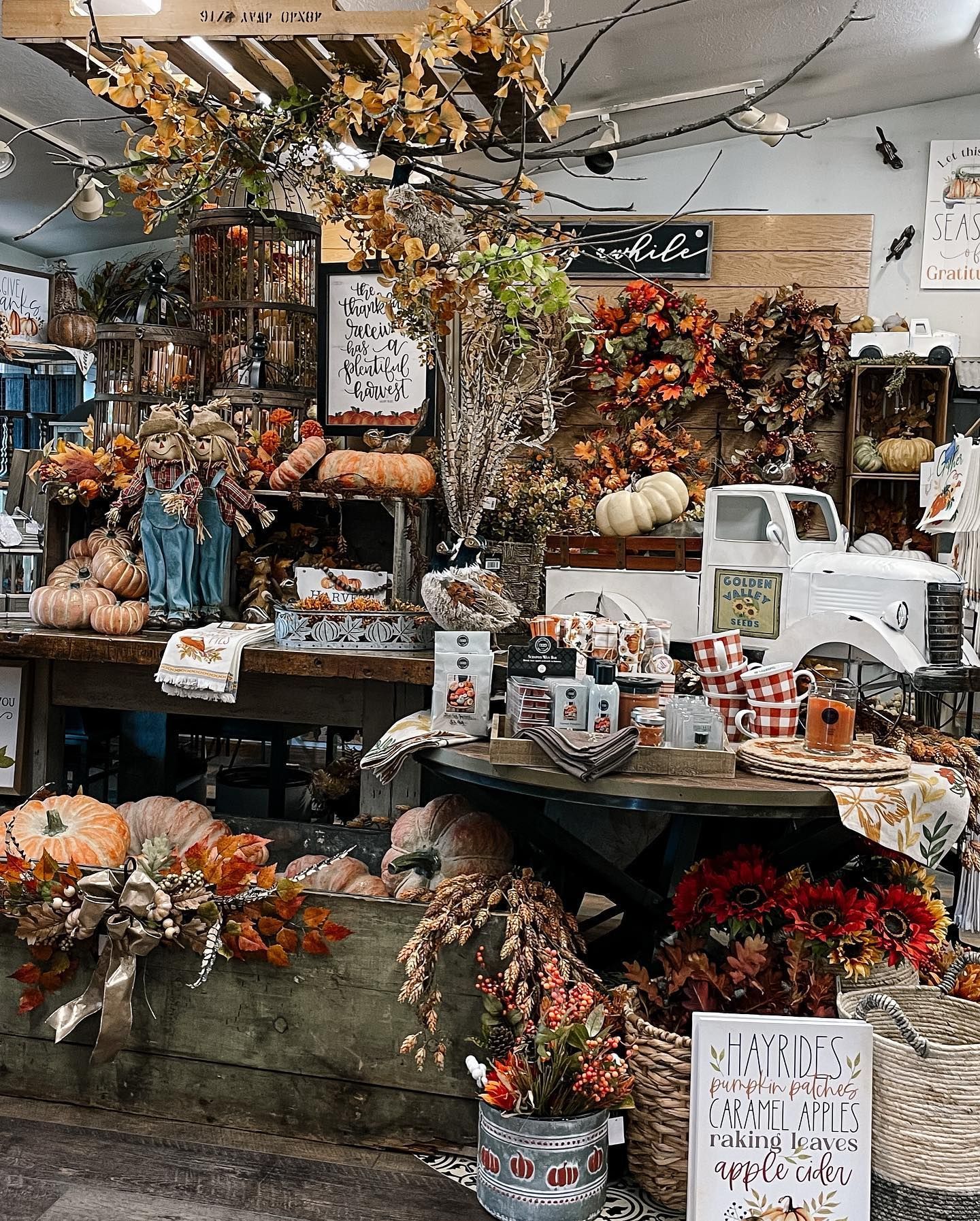 Fall-themed store display with pumpkins, wreaths, and decorative items in orange and brown.