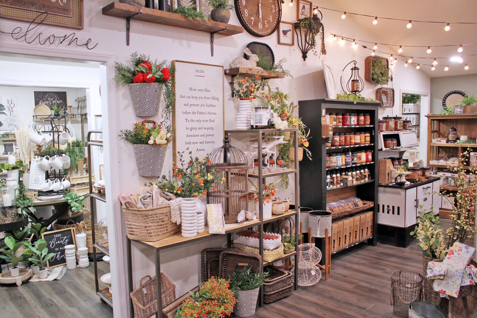 Interior of a rustic shop filled with shelves, plants, and various items for sale. Wooden and metal fixtures.