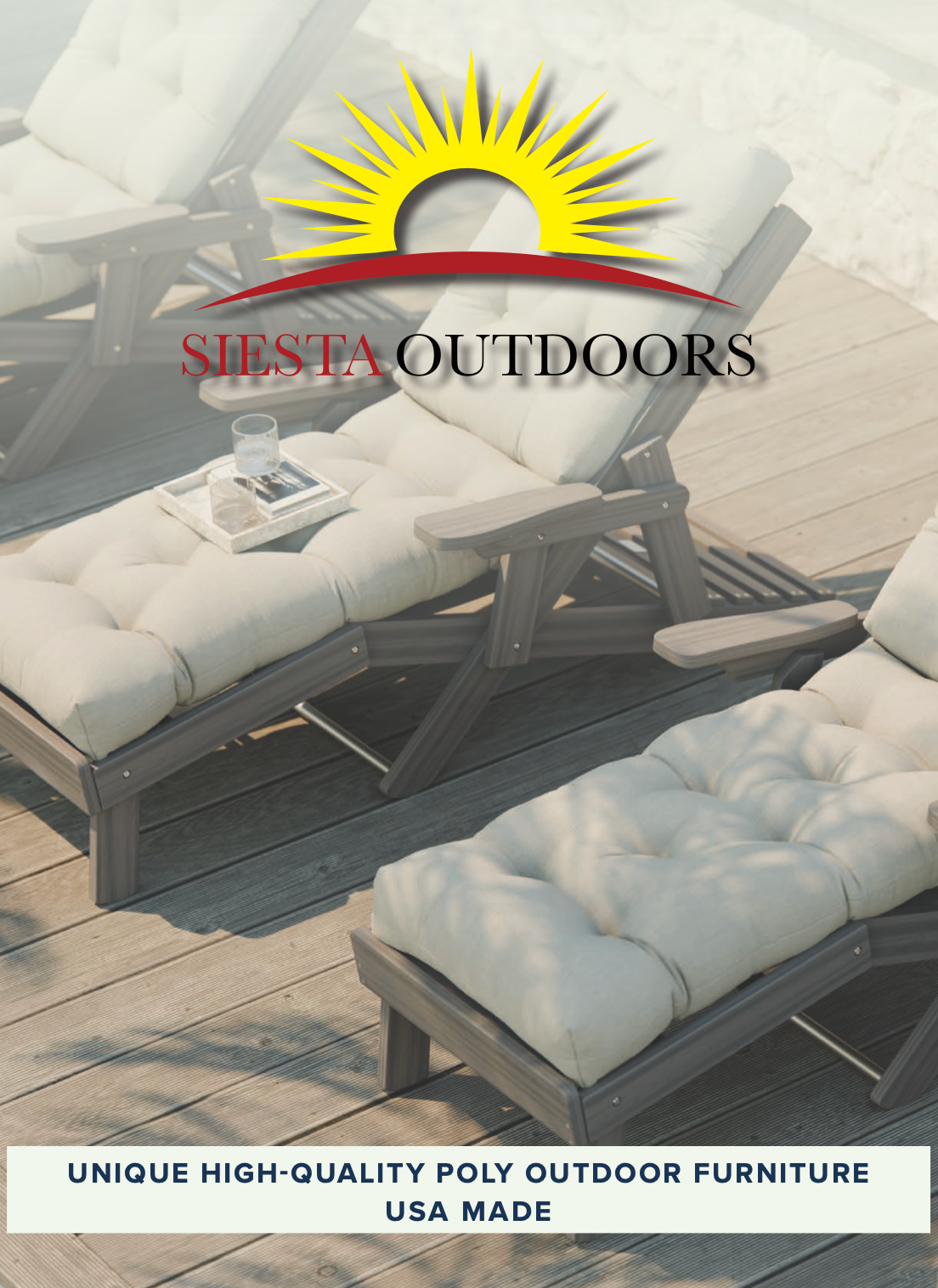Siesta Outdoors logo above outdoor furniture set on a deck overlooking a mountain range.