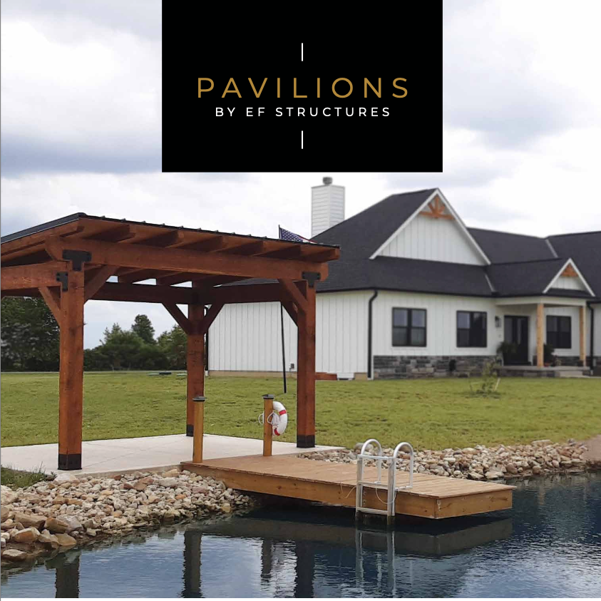 Pavilion by EF Structures over a dock on a pond, near a white house with a black roof.