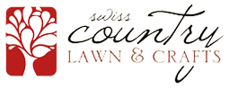 Logo for Swiss Country Lawn & Crafts; red square with tree silhouette, script 