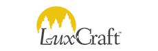 Logo for LuxCraft with yellow sun and trees. Text is 