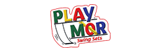 Play Mor Swing Sets logo with colorful text and a swing set illustration.