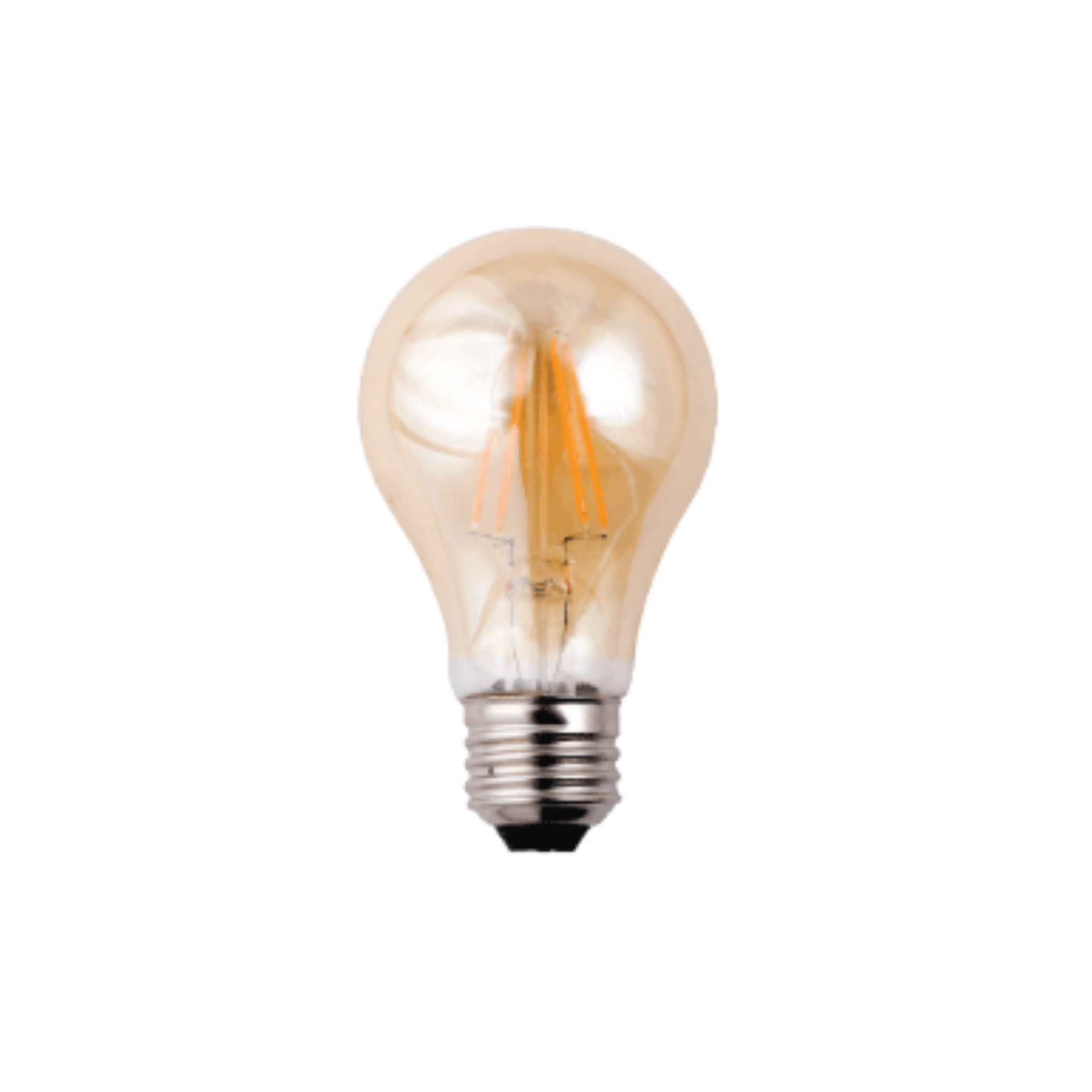 A vintage incandescent light bulb with a glowing amber filament on a white background
