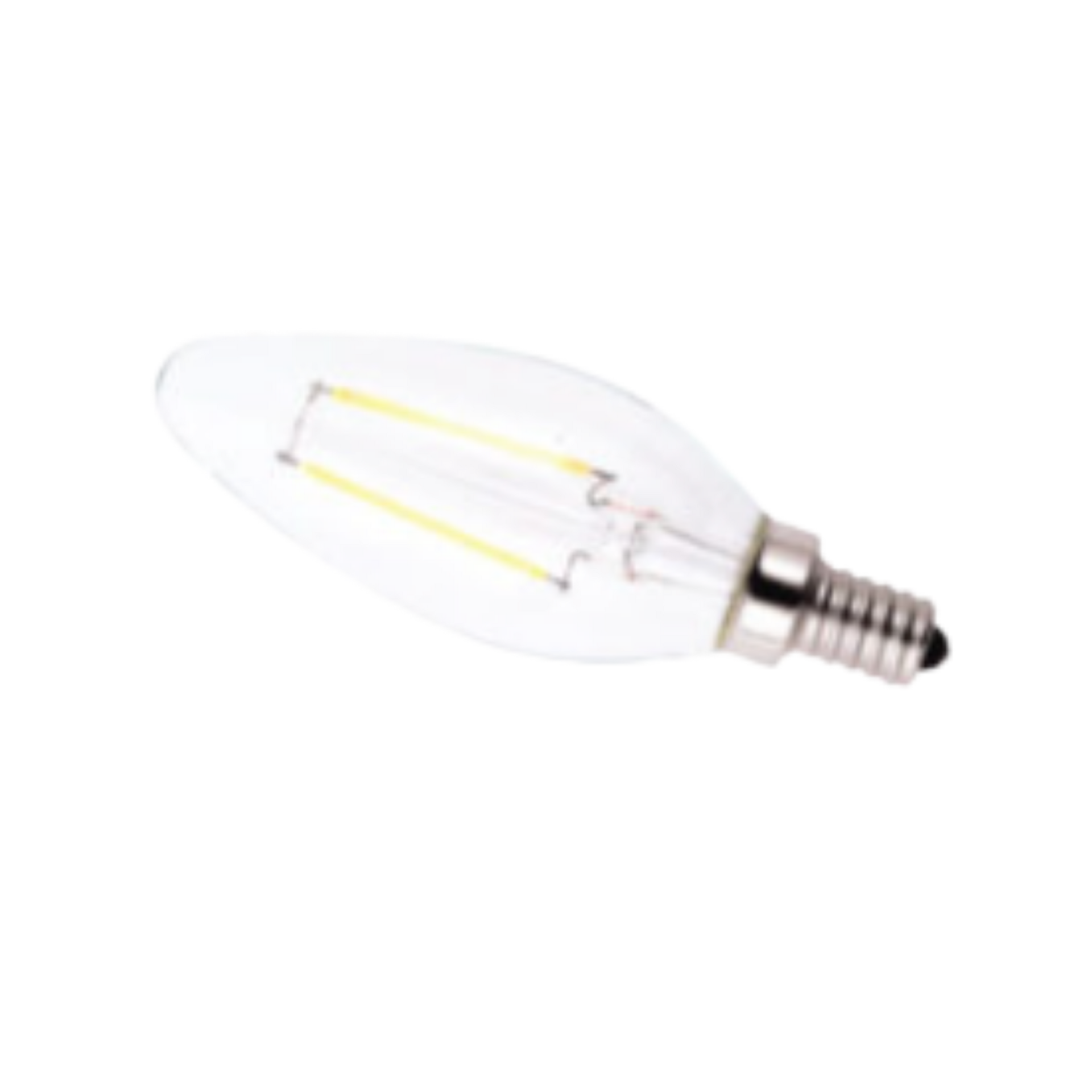Clear candle-style LED light bulb on a white background