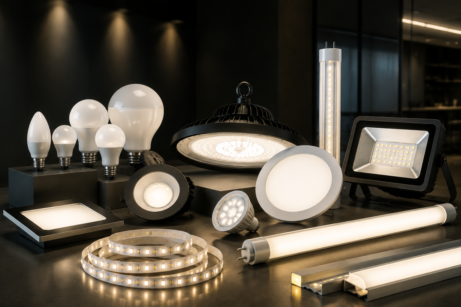 Assorted LED light fixtures and bulbs displayed on a dark showroom surface.
