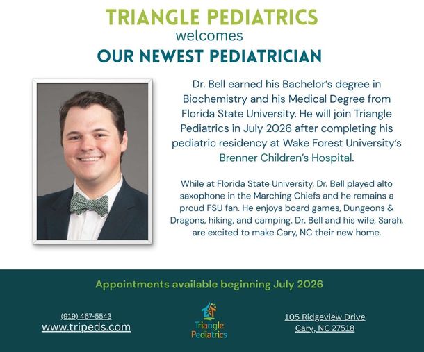 A Triangle Pediatrics announcement for a new doctor, featuring a photo of Dr. Bell and his contact information.