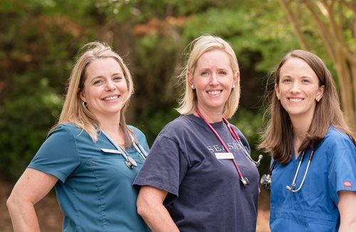 Three smiling healthcare workers in scrub tops and stethoscopes pose outdoors against a background of green trees.