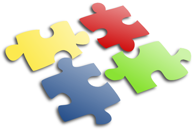 Four jigsaw puzzle pieces in red, yellow, green, and blue, arranged in a grid-like pattern against a white background.