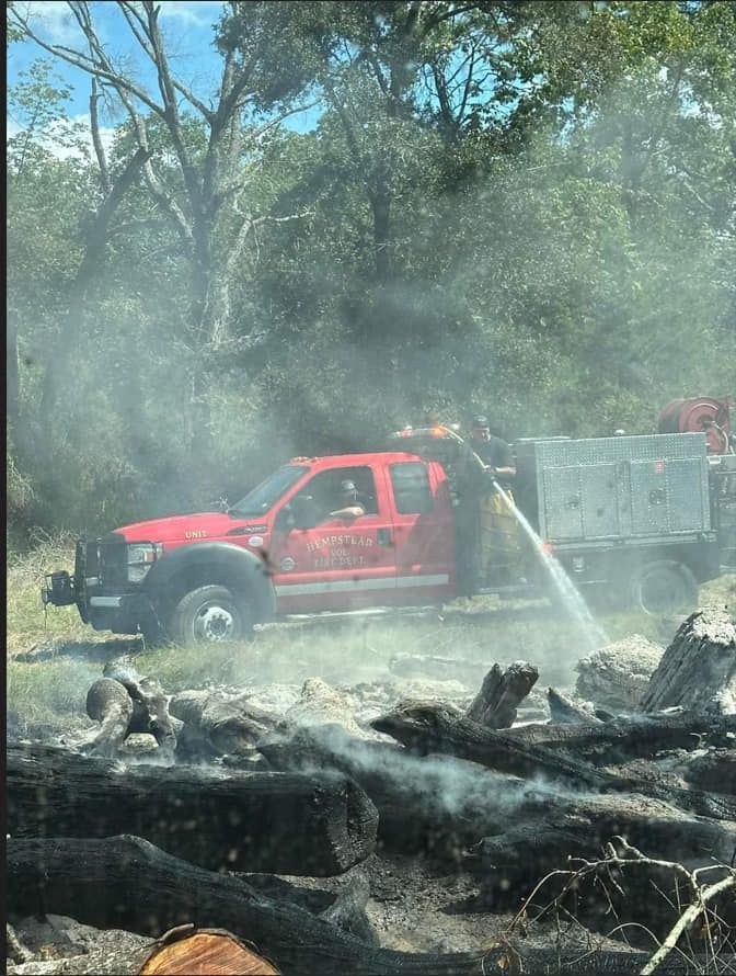 A red truck is spraying water on a pile of logs.