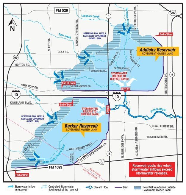 A map showing the location of barker reservoir and addicks reservoir