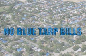 An aerial view of a residential area with the words `` no blue tarp bills '' written in blue letters.