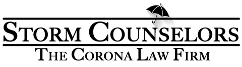 A black and white logo for storm counselors the corona law firm