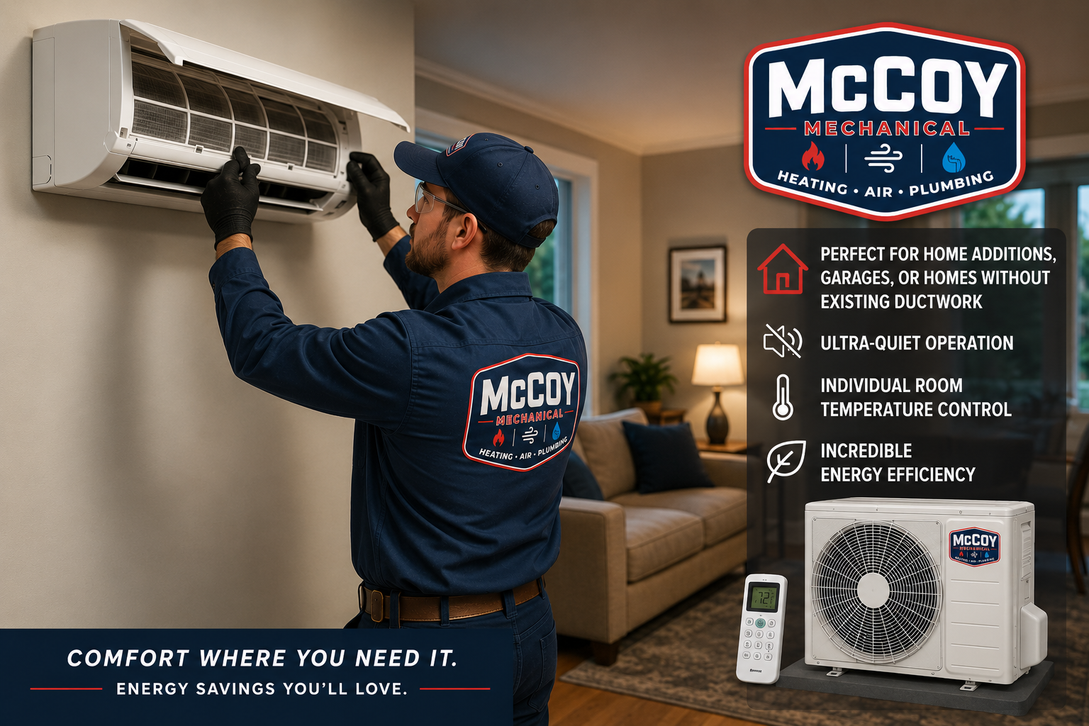 Technician installing wall-mounted McCoy air conditioner in a living room, with product ad and service icons.