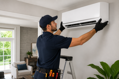 Technician installing a wall-mounted air conditioner in a bright living room