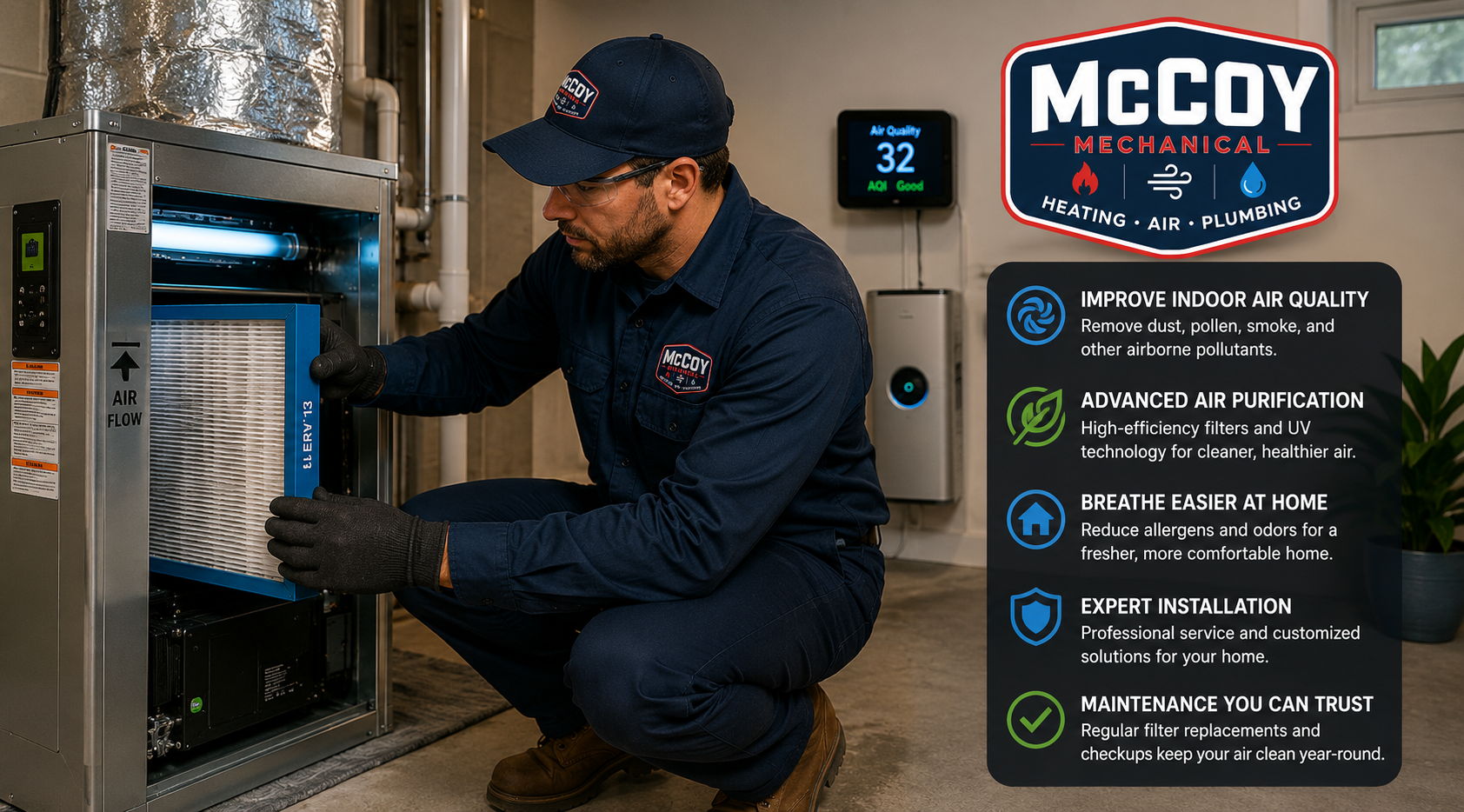 Technician kneels by a boiler in a utility room beside a McCoy Services heating ad.