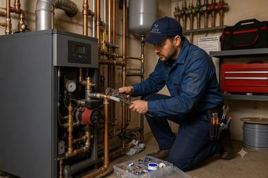 Technician inspecting HVAC unit with tools in a basement utility room