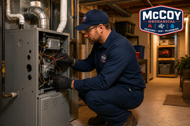 Technician kneels repairing a furnace in a basement utility room.
