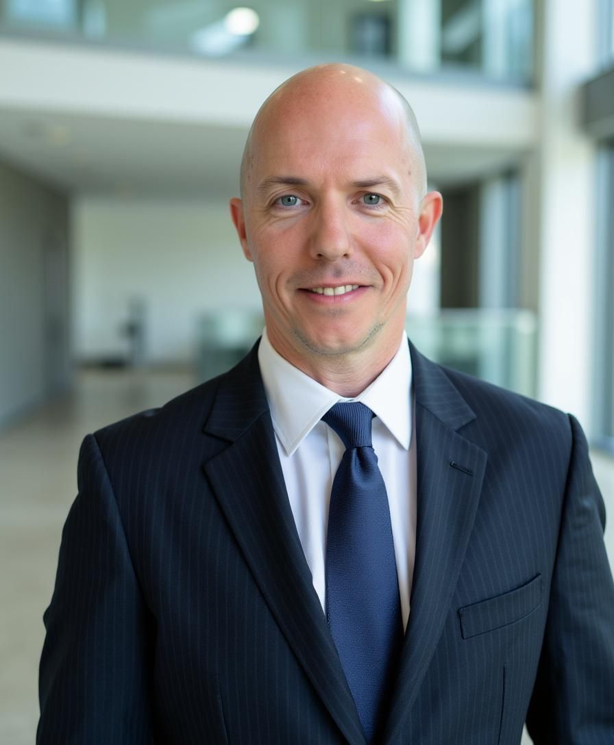 A professional portrait of a person wearing a dark suit, white shirt, and blue tie, smiling in a brightly lit office space.