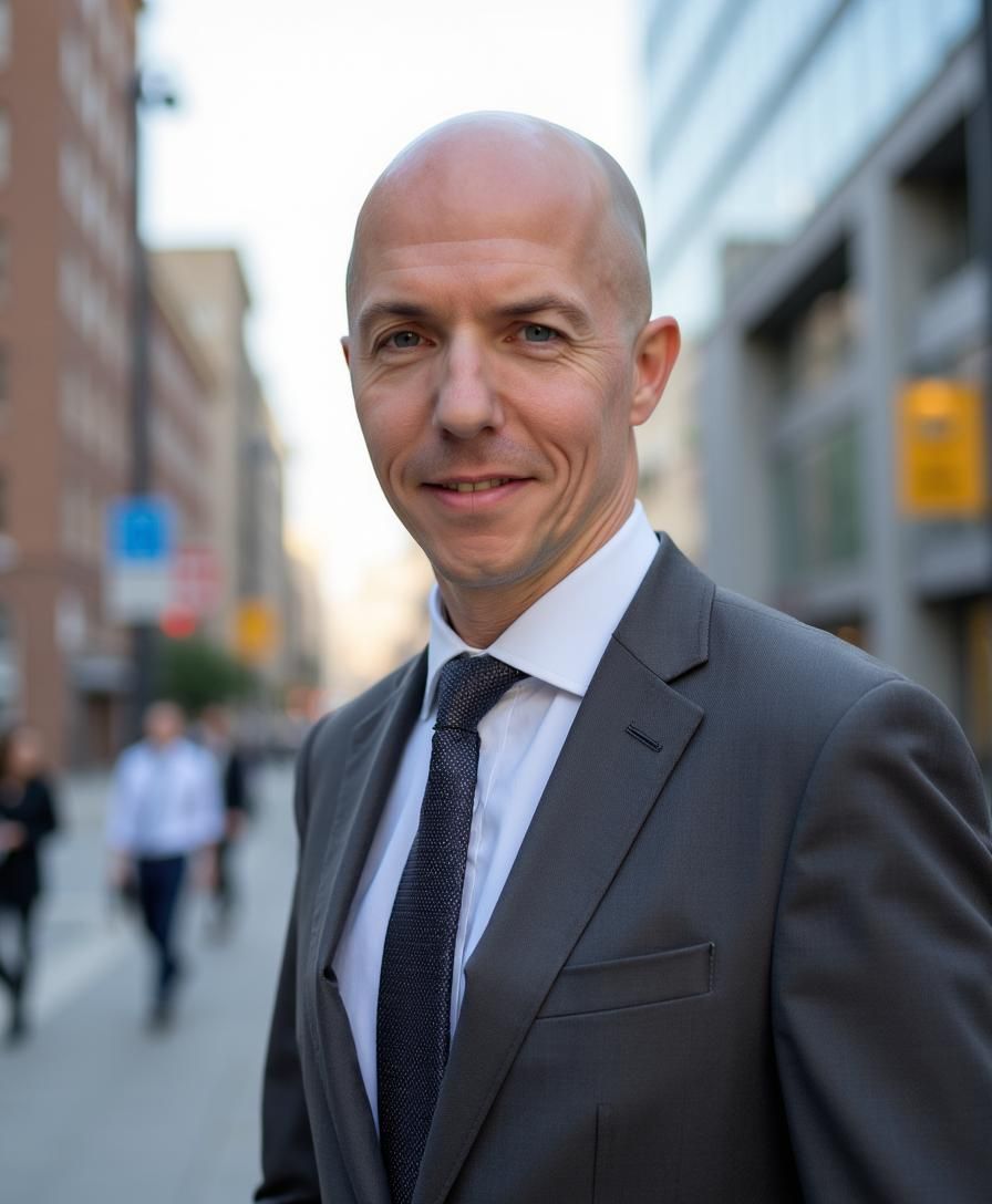 A person with a shaved head wears a grey suit, white shirt, and patterned tie, posing outdoors on a city sidewalk.