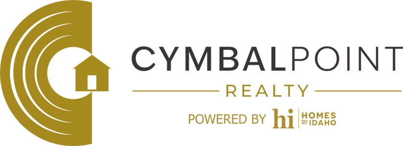 Gold logo for Cymbal Point Realty featuring a house icon inside a circular pattern, powered by Homes of Idaho.
