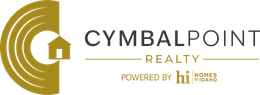 Gold logo for Cymbal Point Realty featuring a house icon inside a circular pattern, powered by Homes of Idaho.
