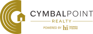 Gold logo for Cymbal Point Realty featuring a house icon inside a circular pattern, powered by Homes of Idaho.