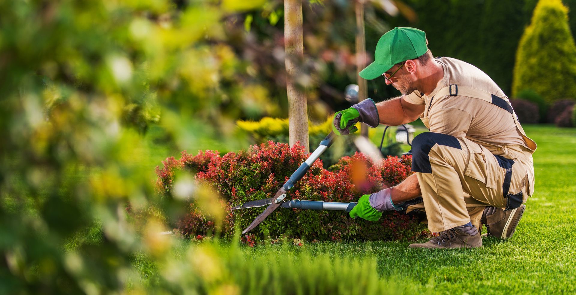 Landscaping installation contractor with hedge shears performing backyard maintenance services.