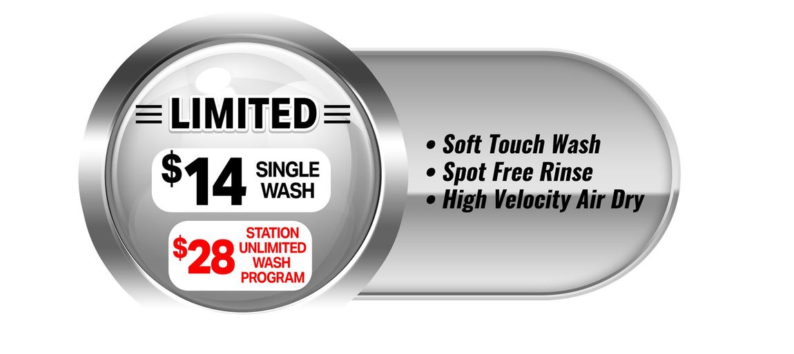 A sign that says limited single wash for $14 includes soft touch wash, spot free rinse, and high velocity air dry