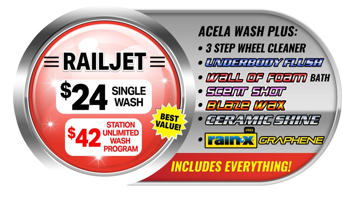 Sign for railjet single wash $24 includes wheel cleaner, underbody wash, foam bath, blaze wax, ceramic shine, Rain-x graphene