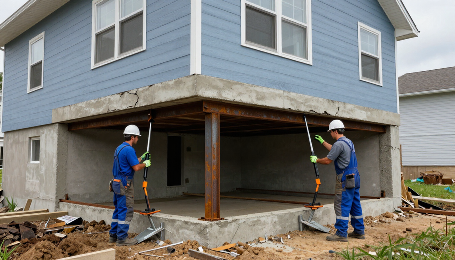 Two workers in hard hats inspect the raised foundation of a blue house under construction.