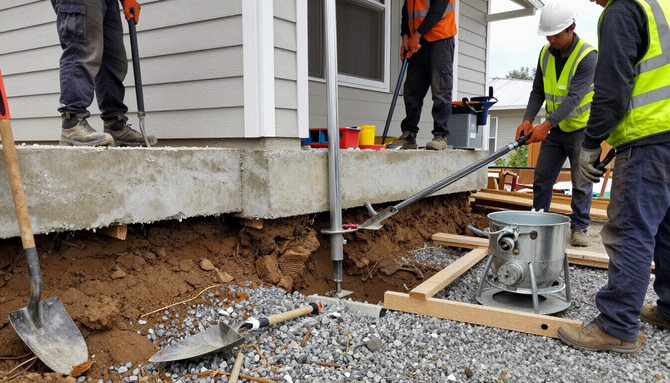 Construction workers repairing a house foundation, with exposed soil, gravel, and support posts.